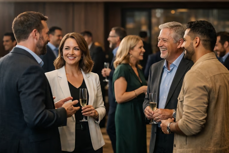 Profesionales conversando en evento elegante